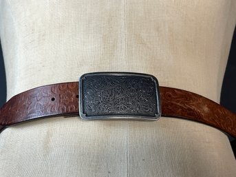 Vintage Leather Belt With Ornate Silver Buckle