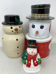Holiday Snowman Figures Lot Includes Porcelain Snowman Candle Holder