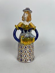 Majolica Decorated Woman With Birds Candle Holder
