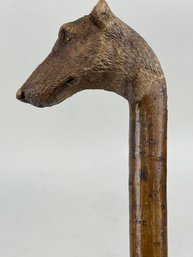 Antique Carved Wood Cane Dog Head W/ Glass Eyes Folk Art Beautiful