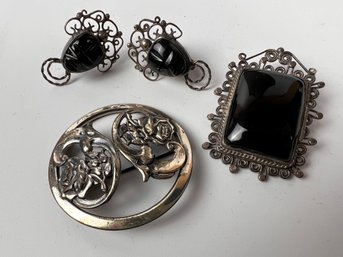 Colletion Of Vintage Sterling And Onyx Jewelry