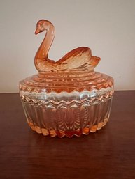 Vintage Jeanette Amberina Swan Covered Powder Or Candy Dish