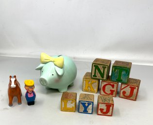 Vintage Children's Lot Including Piggy Bank, Blocks And More!