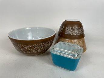 Pyrex Woodland Brown Mixing Bowls And  Blue Refrigerator Piece