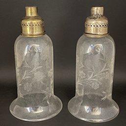 Antique GWTW Hand Blown Etched Victorian Glass Hurricane Lamp Shades With Sterling Collars