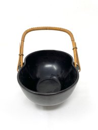 Vintage Black Pottery Basket With Woven Handle