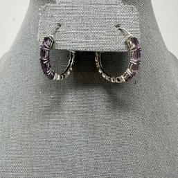 Sterling Hoop Earrings With Amethyst Colored Stones - 6 Grams