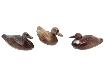 Group Of Vintage Hand Carved Black Walnut Ducks