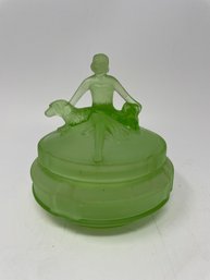 ??Vintage Green Satin Glass Figural Vanity Box AS IS