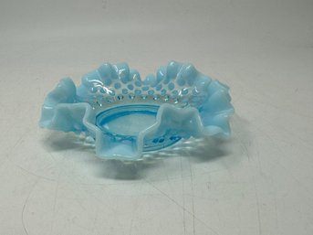 Turquoise Opalescent Ruffled Hobnail Glass Dish