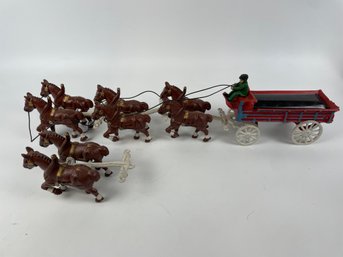 Cast Iron Draft Horse Team W/ Wagon