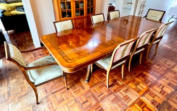 Large Inlaid Formal Double Pedestal Dining Table And Eight Upholstered Chairs