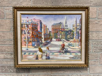 Oil On Canvas Painting Of Main St In New London, Ct By Hugh Hunsinger