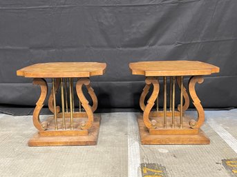 Pair Of French Regency Burl Wood Harp Motif Side Tables