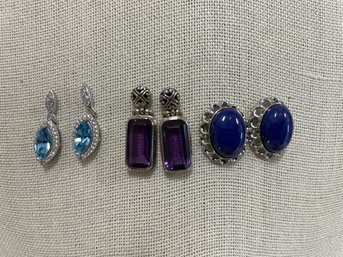 3 Pairs Of Sterling Silver And Misc Blue And Purple Stone Earrings