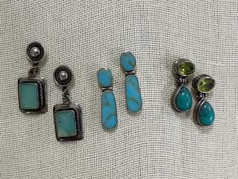 Three Pairs Of Sterling Silver And Turquoise Stone Earrings