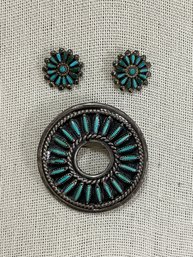Sterling And Turquoise Zuni Petit Point Pin And Earrings