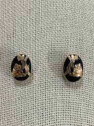 Black Stone Yellow Gold 14k Panda Detail Post Earrings