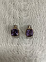 Sterling Silver And 14k Gold Detail Post Earrings W Cushion Cut Purple Stone And Pav Diamond