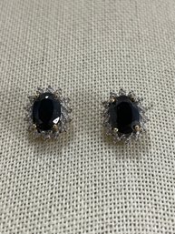 10k Gold And Dark Blue Stone Stud Earrings