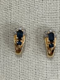 14K Yellow Gold Diamond And Blue Stone Half Hoop Stud Earrings