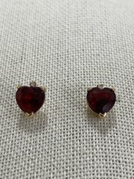 Tested 14k Gold Heart Garnet Colored Stud Earrings