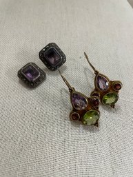 Sterling Siver & Amethyst Earrings (1 Post Missing) And Multistone Leverback Earrings (one Leverback Is Loose)