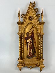 18th Century Christian Icon Gilt Wood Plaque Depicting Angel With Golden Horn