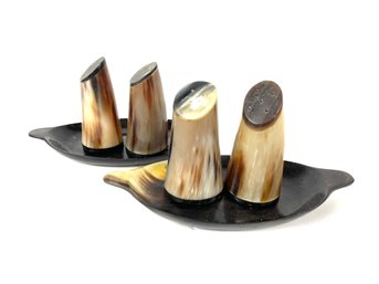 2 Sets Of Horn Salt And Pepper Shakers And Trays