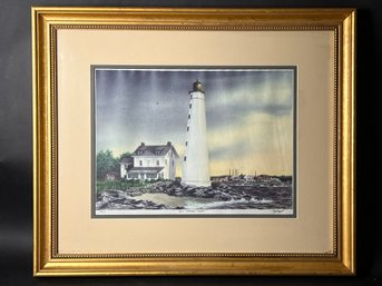 New London Lighthouse, Framed Watercolor Print By Daniel Price Numbered 12/200