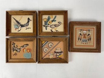 Group Of 5 Vintage Southwest Style Sand Paintings Framed Beautiful