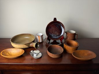 Vintage Kitchenwares Lot Including Carved Wood Bowls, Studio Pottery And More!