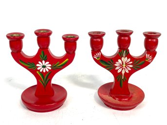 Pair Of Scandinavian Candle Holders - Hand Painted