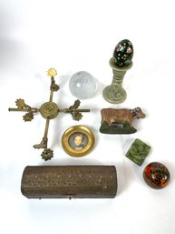 Home Decor Lot Including Glass Paperweight And Ornate Brass Stand