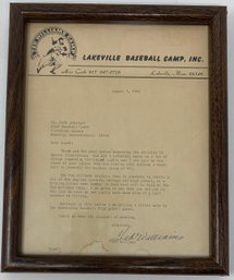 Ted Williams Signed 1968 Lakeville Baseball Camp Letter