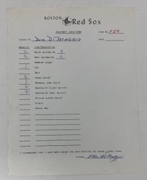 Original Boston Red Sox Equipment Issue Form Signed By Dom DiMaggio!