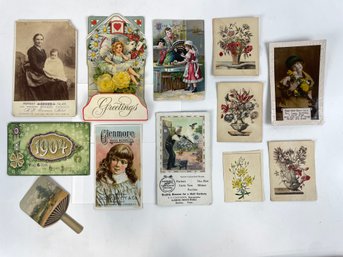 Group Of Antique Ephemera Trade Cards Postcards Photos