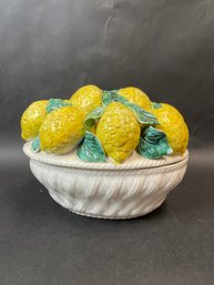 Italian Ceramic Lemons & Leaves Covered Dish W/Basket Weave Base