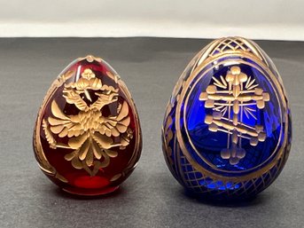 Pair Of Vintage Russian Faberge Glass Eggs - Labeled