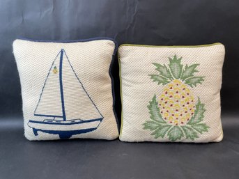 Vintage Needlepoint Sailboat & Pineapple Pillows With Velvet Backs