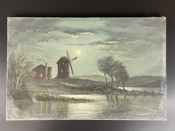 Antique Primitive Oil Painting On Canvas Landscape W/ Windmill