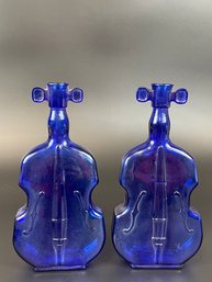 Pair Of Cobalt Blue Fiddle Bottles