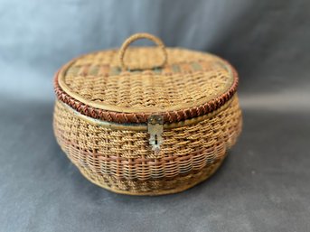 Vintage Wicker Sewing Basket With Pin Cushion