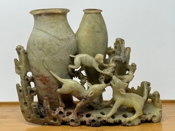 Vintage Chinese Carved Soapstone Sculpture With Animals