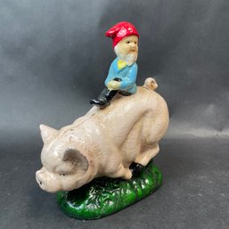 Cast Iron Gnome On Pig Bank