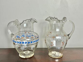 Pair Of Hand Painted Scalloped Glass Pitchers