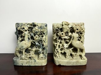 Pair Of Asian Carved Soapstone Bookends