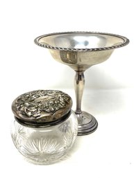 Sterling Pedestal Dish With Sterling Covered Vanity Jar