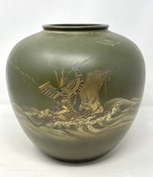 Large Bronze Engraved Samurai On Horse Japanese Vase - Signed- Has Age