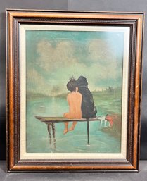 Vintage Folk Art Painting Of A Boy & His Dog On A Dock Signed On Canvas